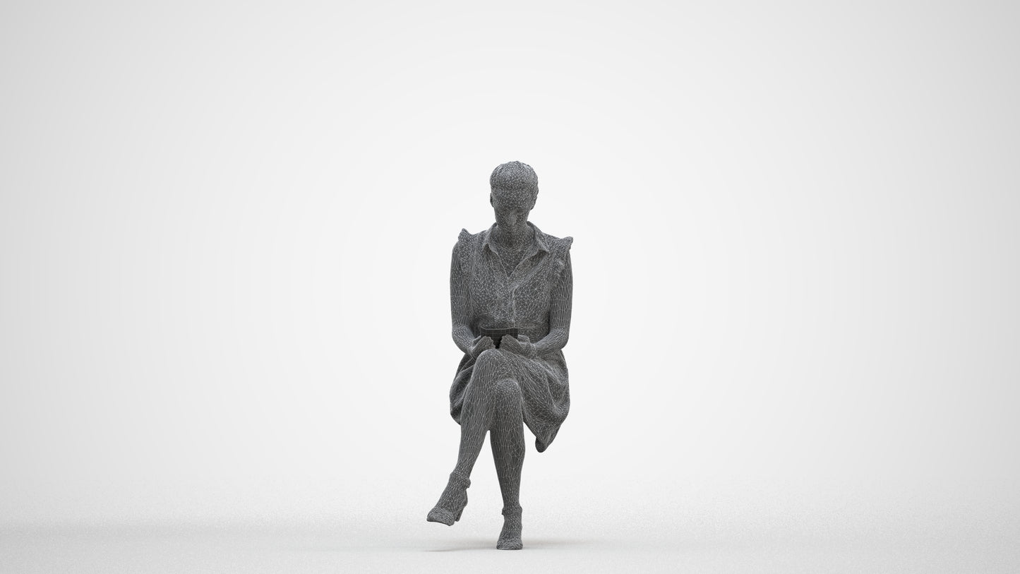 scanned 3D woman casual sitting, photogrammetry people for Enscape and V-Ray, three-quarter front view render