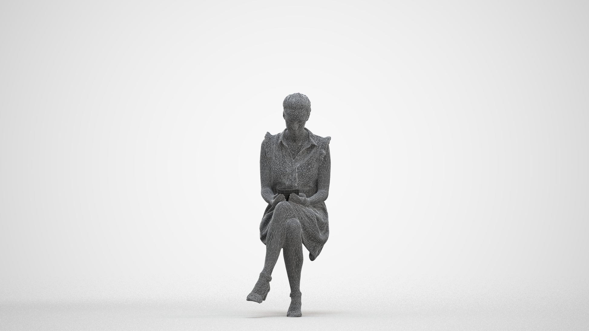 scanned 3D woman casual sitting, photogrammetry people for Enscape and V-Ray, three-quarter front view render