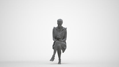 scanned 3D woman casual sitting, photogrammetry people for Enscape and V-Ray, three-quarter front view render