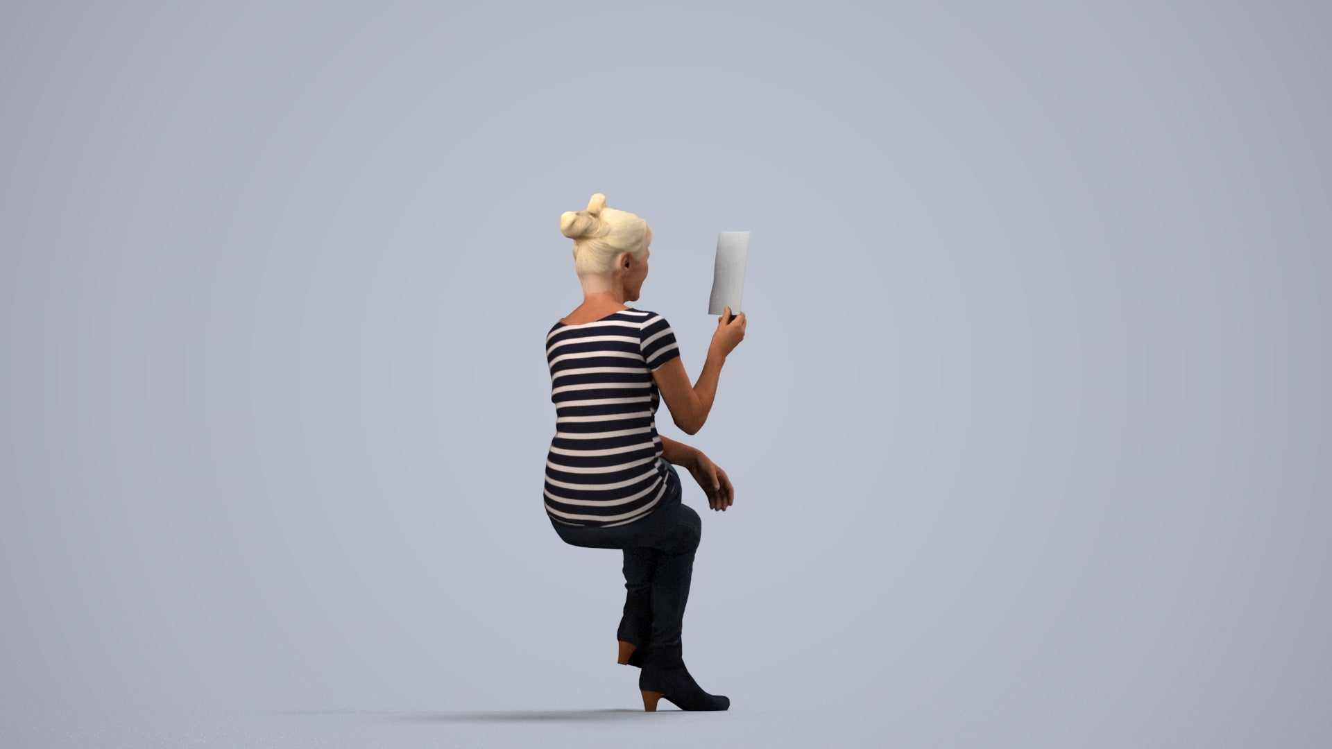 3D scanned senior woman sitting casual, photorealistic archviz people for Enscape and SketchUp, side view render