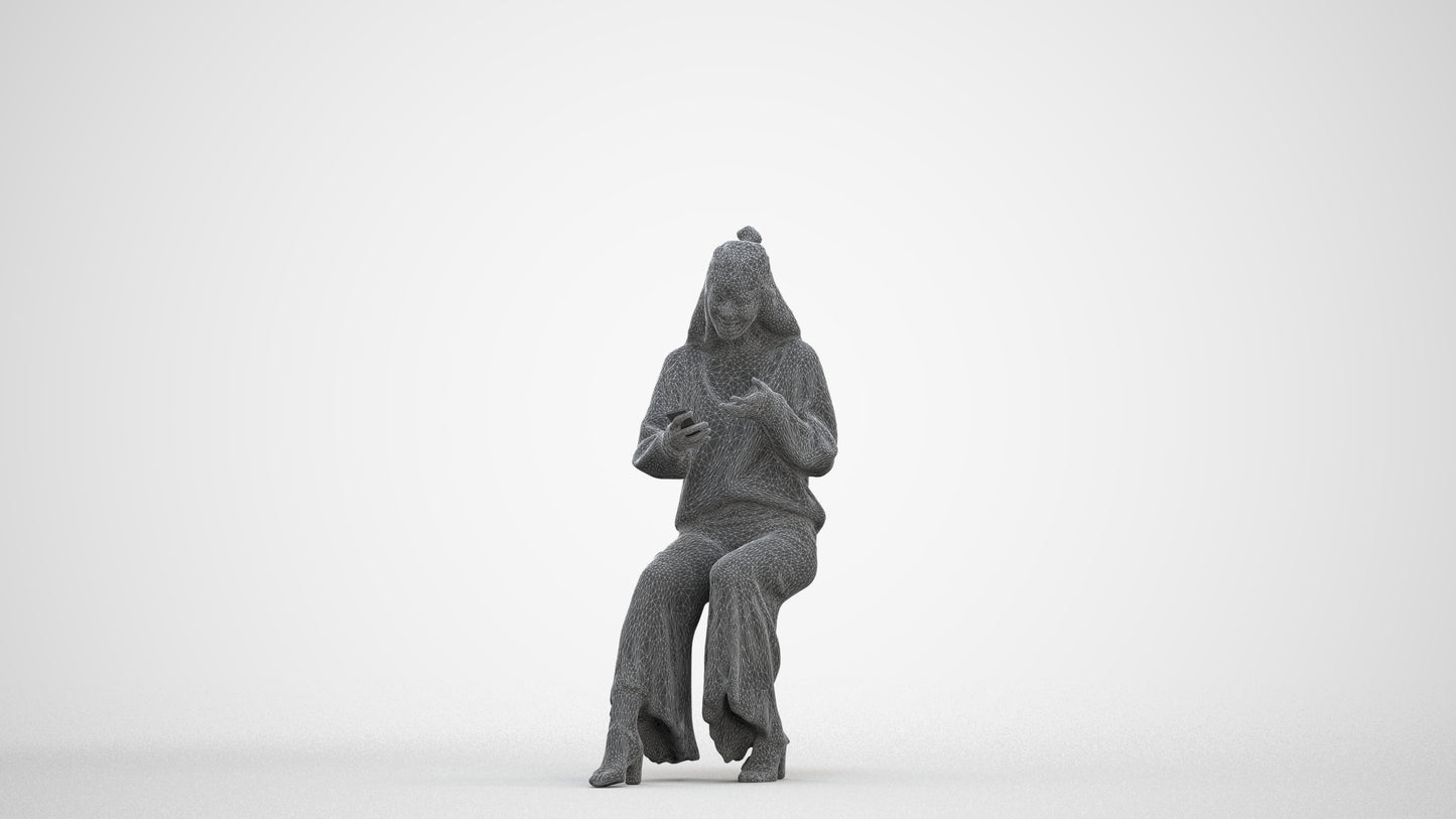 realistic 3D woman casual sitting, scanned archviz people for Blender and 3ds Max, three-quarter front view render