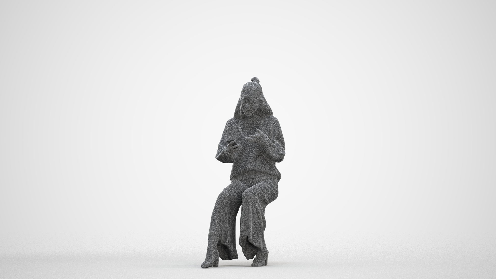 realistic 3D woman casual sitting, scanned archviz people for Blender and 3ds Max, three-quarter front view render