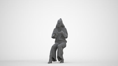 realistic 3D woman casual sitting, scanned archviz people for Blender and 3ds Max, three-quarter front view render