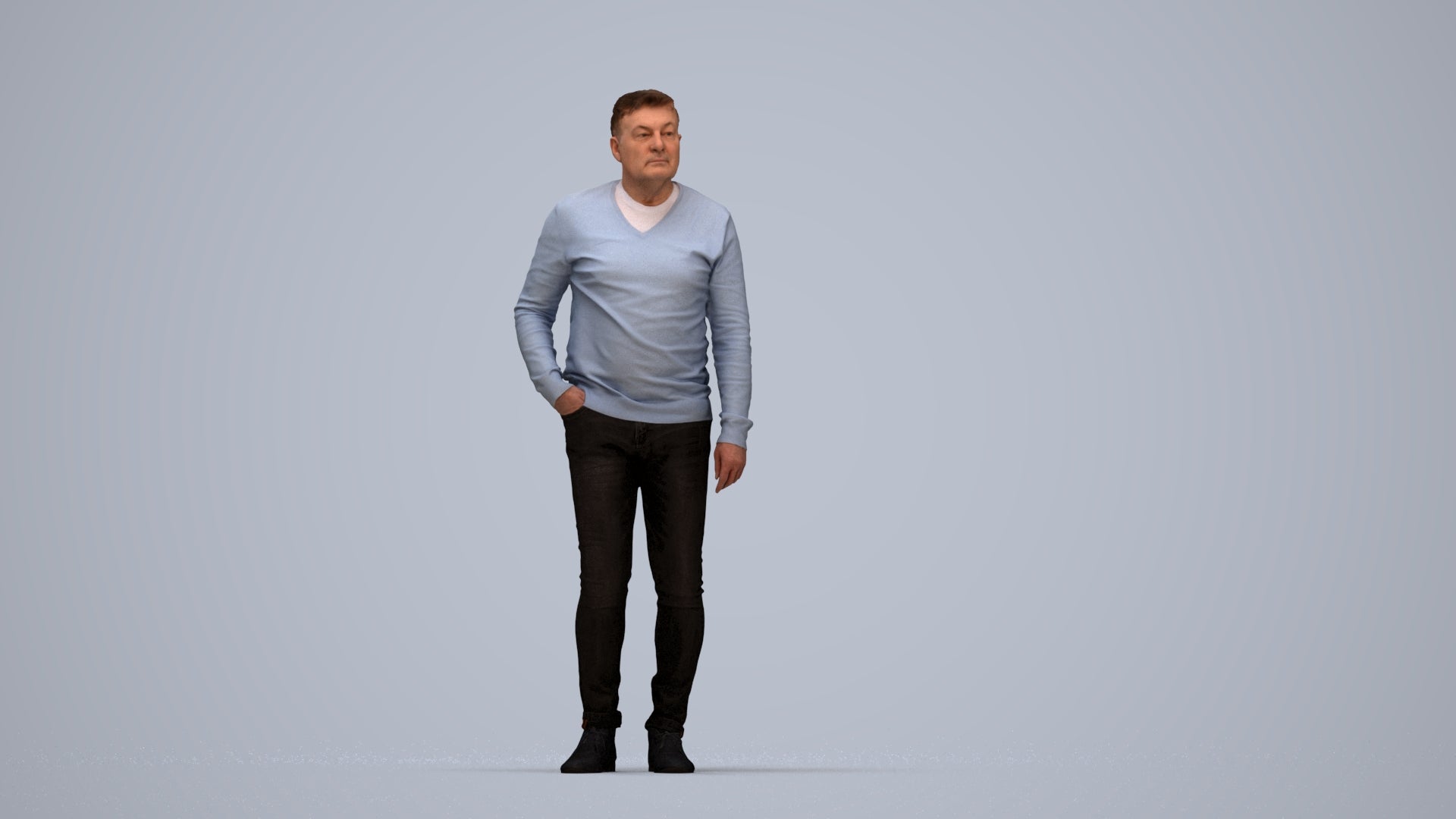 3D human model man casual standing, photogrammetry scanned person for archviz, top-down view render