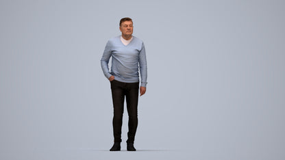 3D human model man casual standing, photogrammetry scanned person for archviz, top-down view render