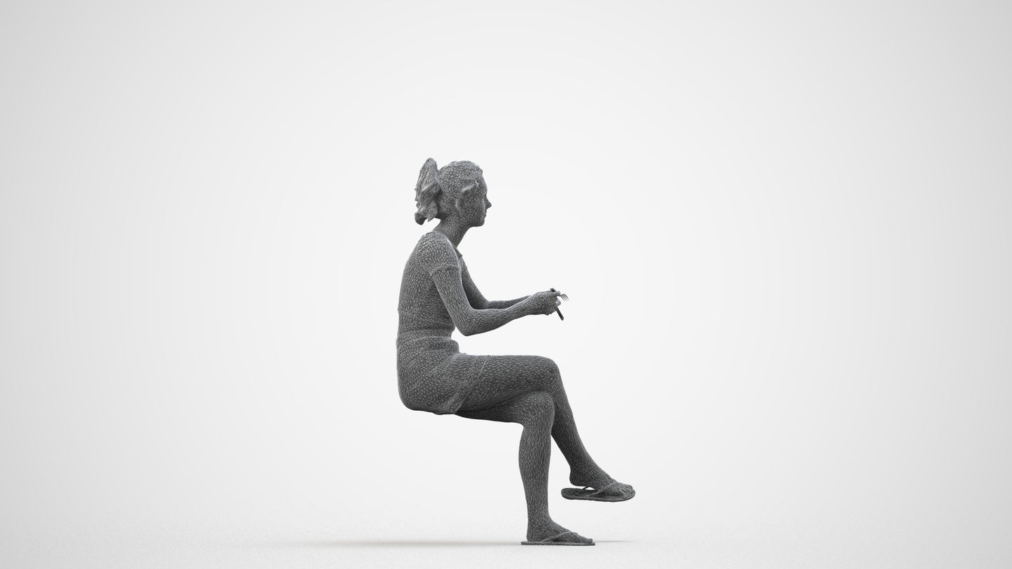 scanned 3D woman casual sitting, photogrammetry people for Enscape and V-Ray, wireframe side view