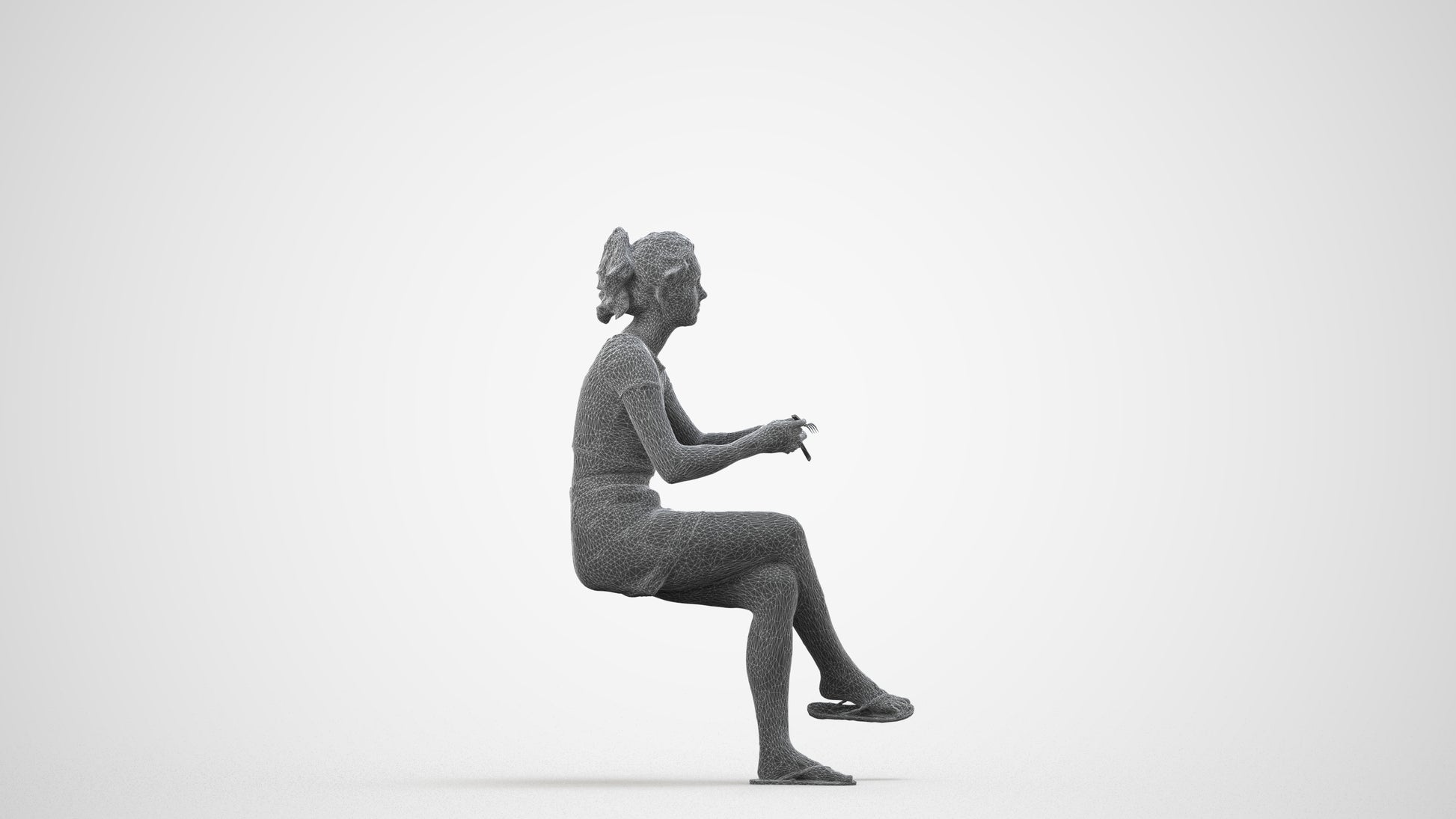scanned 3D woman casual sitting, photogrammetry people for Enscape and V-Ray, wireframe side view