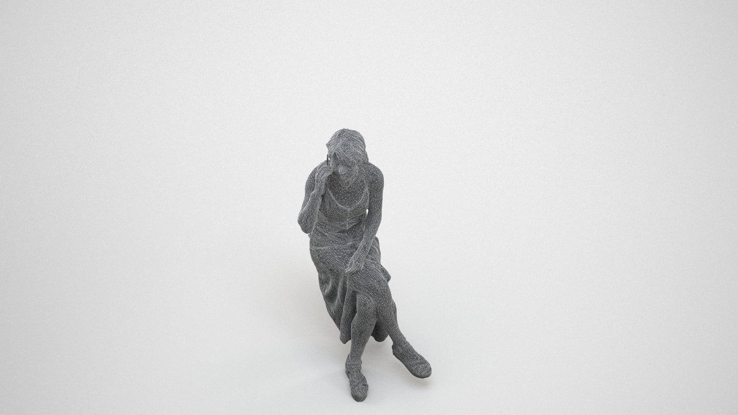 3D scanned senior woman sitting, photorealistic archviz people for Enscape and SketchUp, wireframe three-quarter view