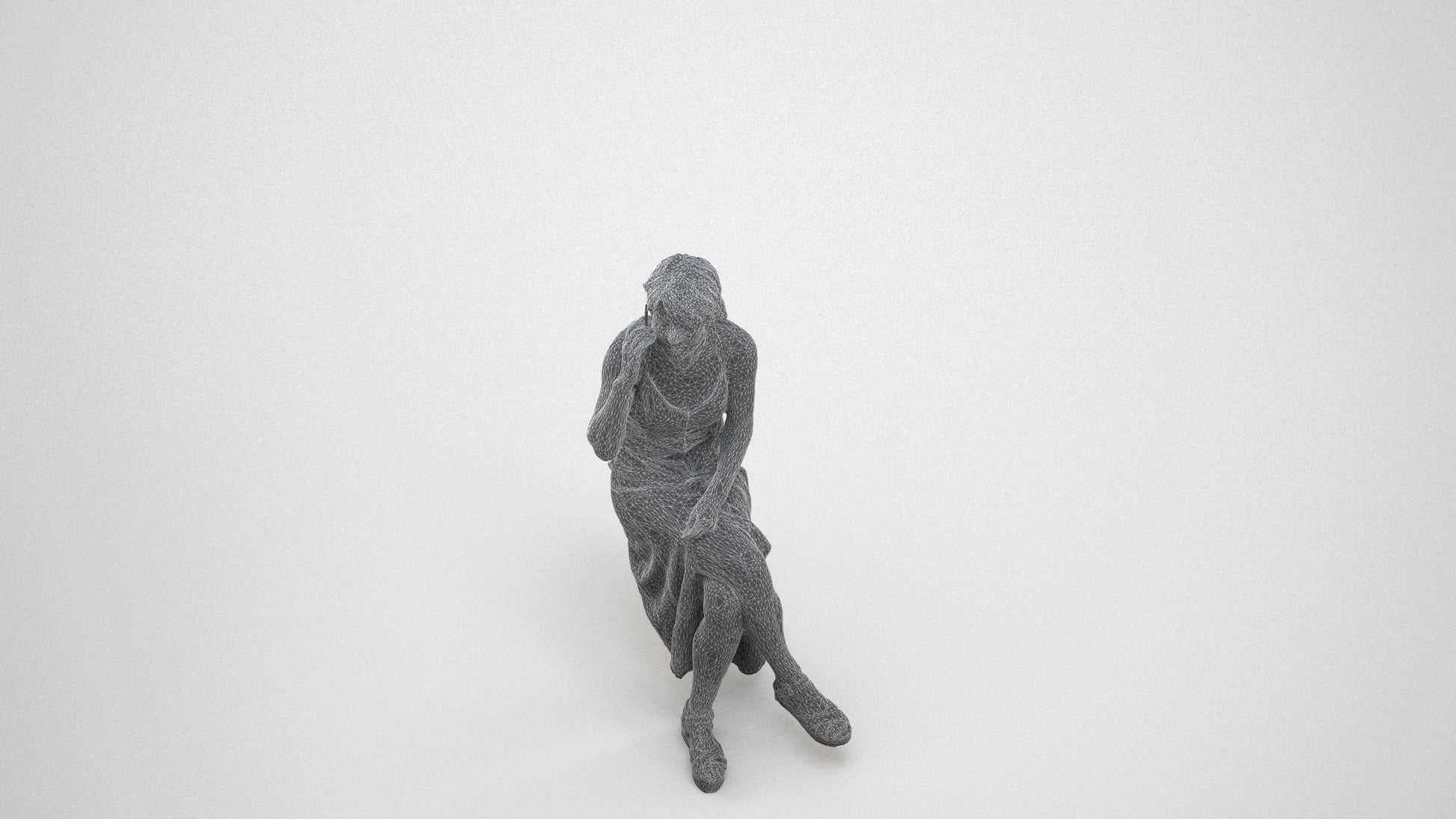 3D scanned senior woman sitting, photorealistic archviz people for Enscape and SketchUp, wireframe three-quarter view