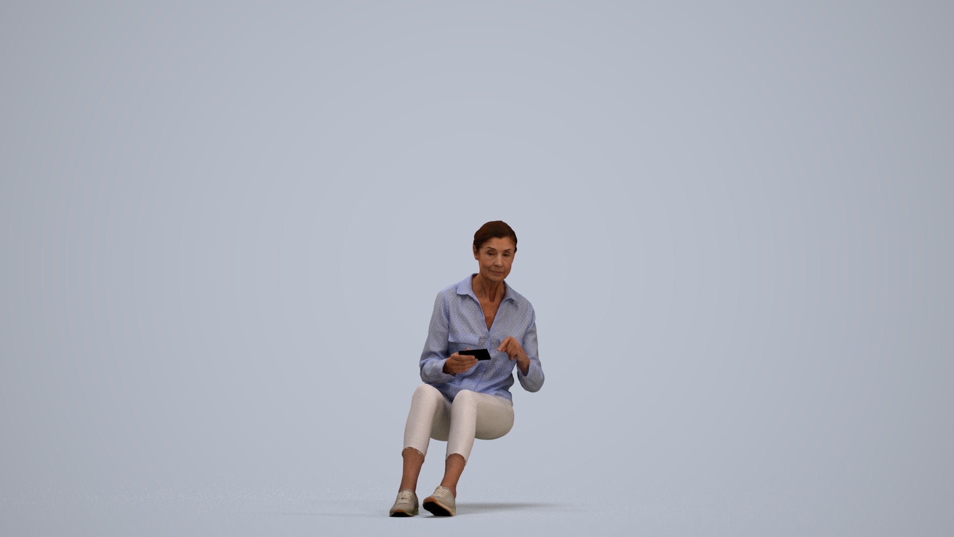 3D scanned senior woman sitting casual, photorealistic archviz people for Enscape and SketchUp, standing pose render