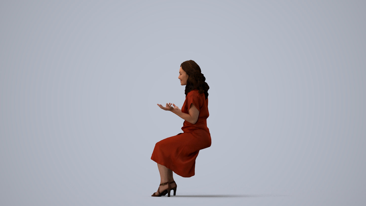 3D human model woman casual sitting, photogrammetry scanned person for archviz, three-quarter view render