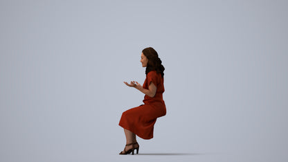 3D human model woman casual sitting, photogrammetry scanned person for archviz, three-quarter view render