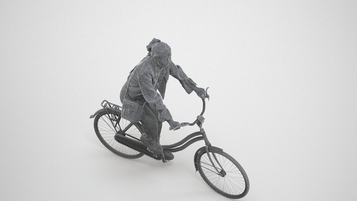 3D people model woman casual cycling, scanned human for 3ds Max rendering, wireframe three-quarter view
