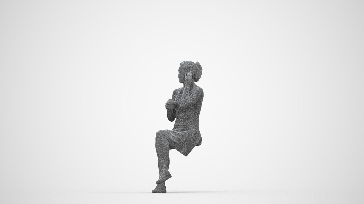 realistic 3D people woman sitting, render-ready for V-Ray and Corona, FBX OBJ, wireframe back view