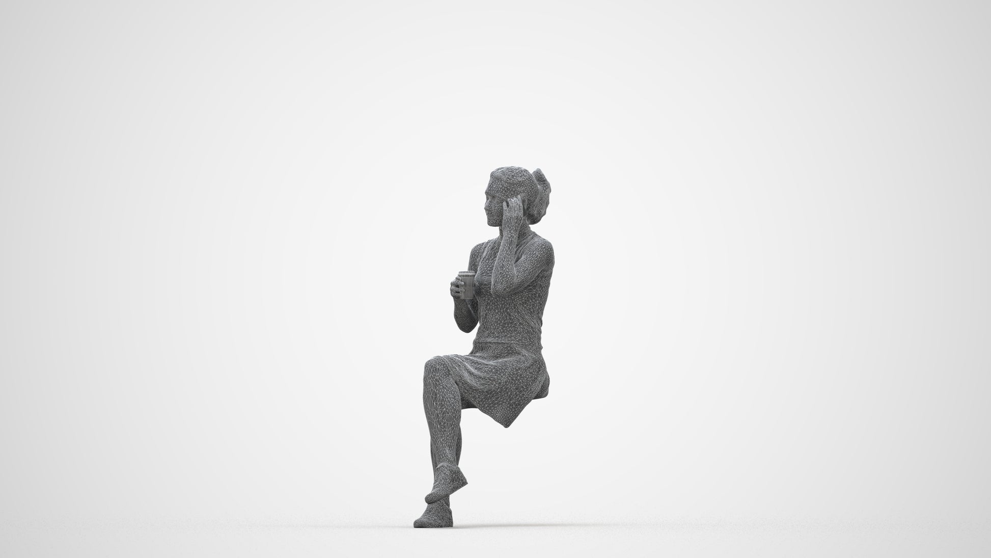 realistic 3D people woman sitting, render-ready for V-Ray and Corona, FBX OBJ, wireframe back view