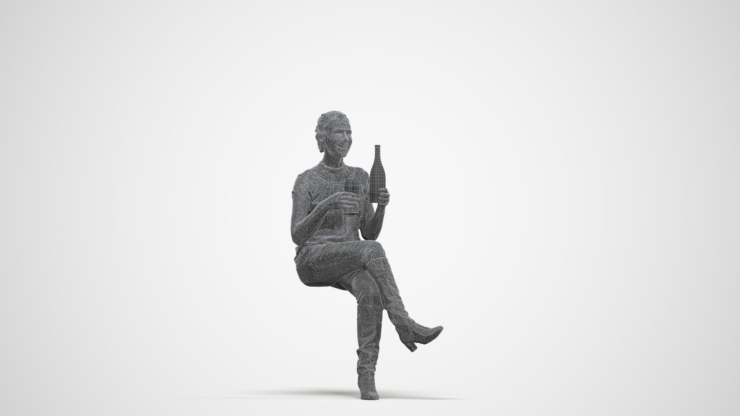 3D human model woman casual sitting, photogrammetry scanned person for archviz, three-quarter front view render
