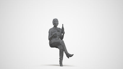 3D human model woman casual sitting, photogrammetry scanned person for archviz, three-quarter front view render