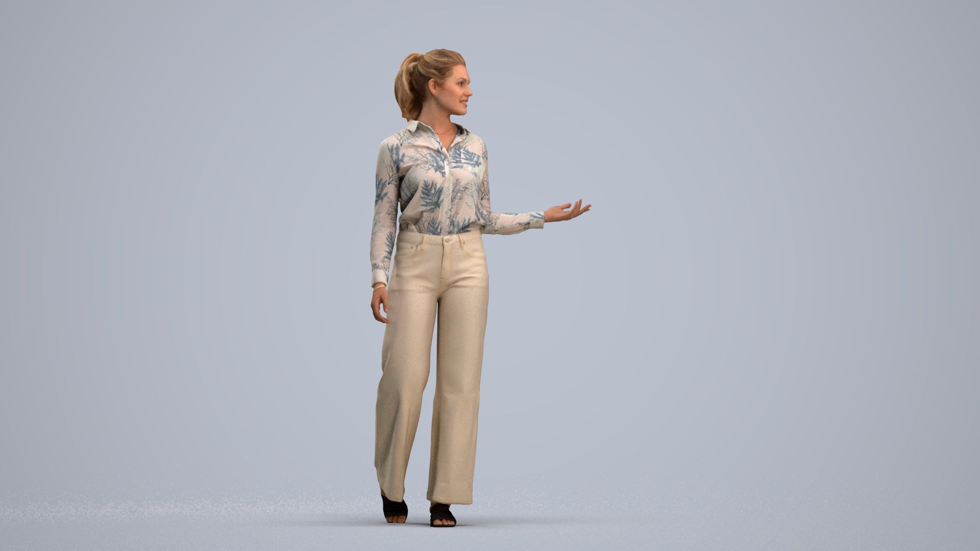 3D scanned woman walking casual, photorealistic archviz people for Enscape and SketchUp, standing pose render