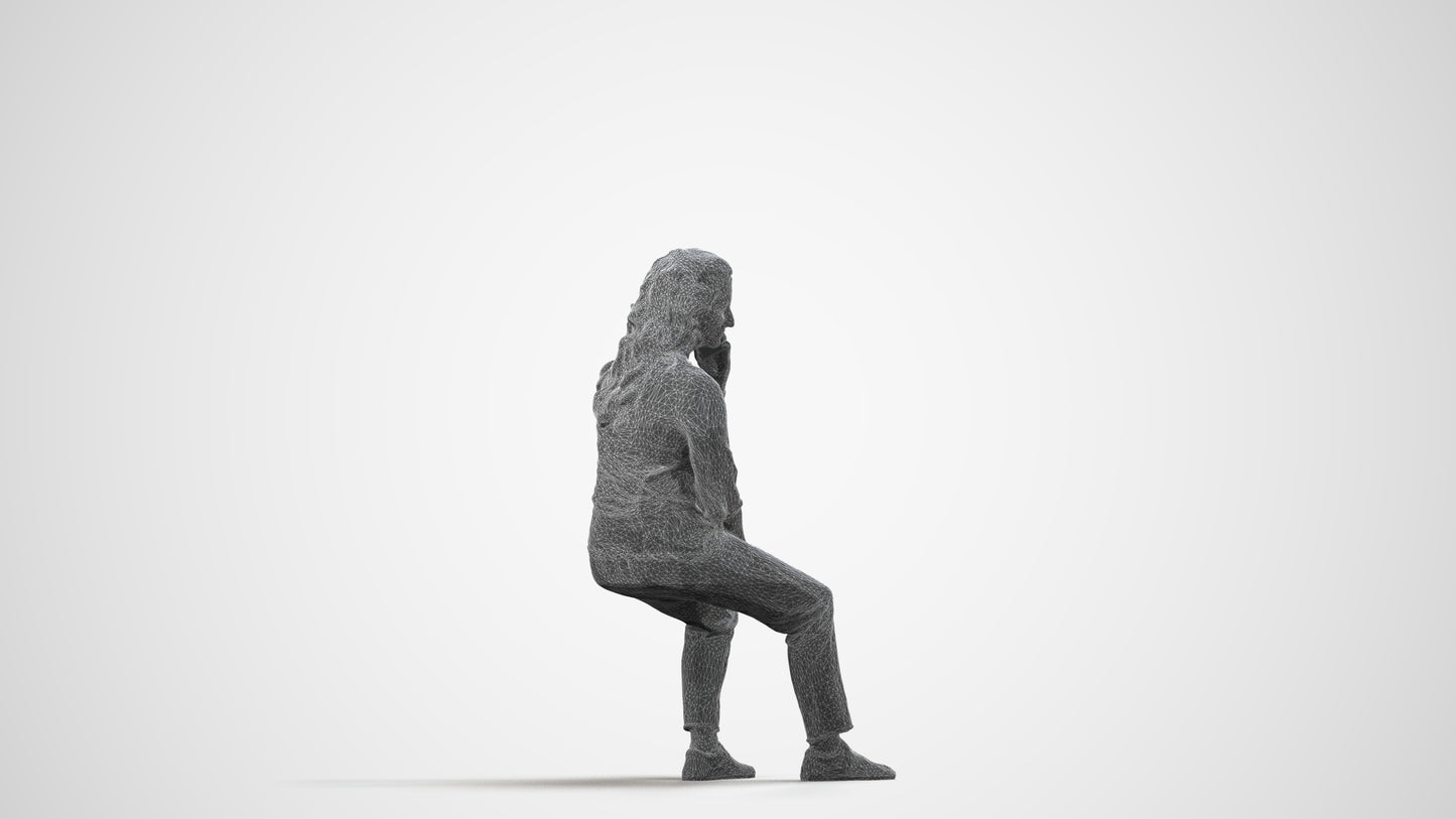 3D people model woman casual sitting, scanned human for 3ds Max rendering, wireframe side view