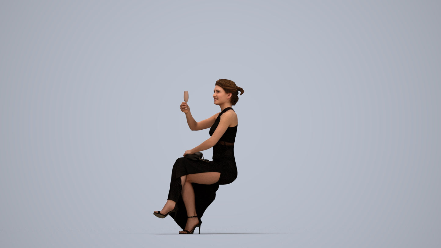 3D people model woman formal sitting, scanned human for 3ds Max rendering, top-down view render