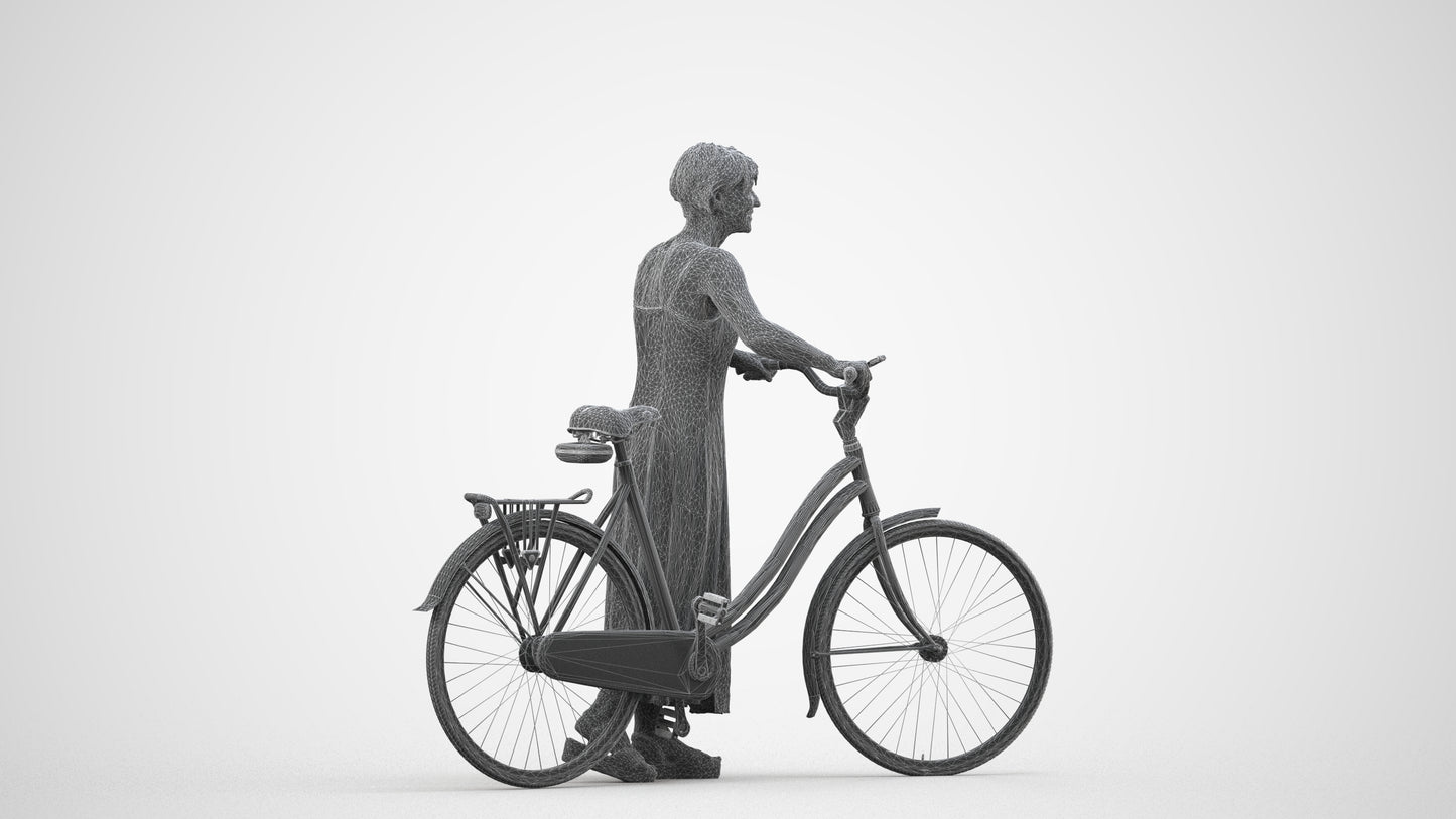 scanned 3D senior woman cycling, photogrammetry people for Enscape and V-Ray, wireframe side view