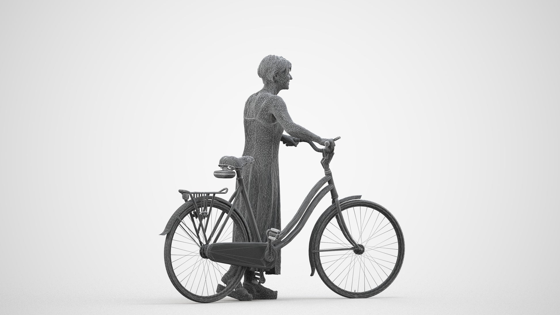scanned 3D senior woman cycling, photogrammetry people for Enscape and V-Ray, wireframe side view
