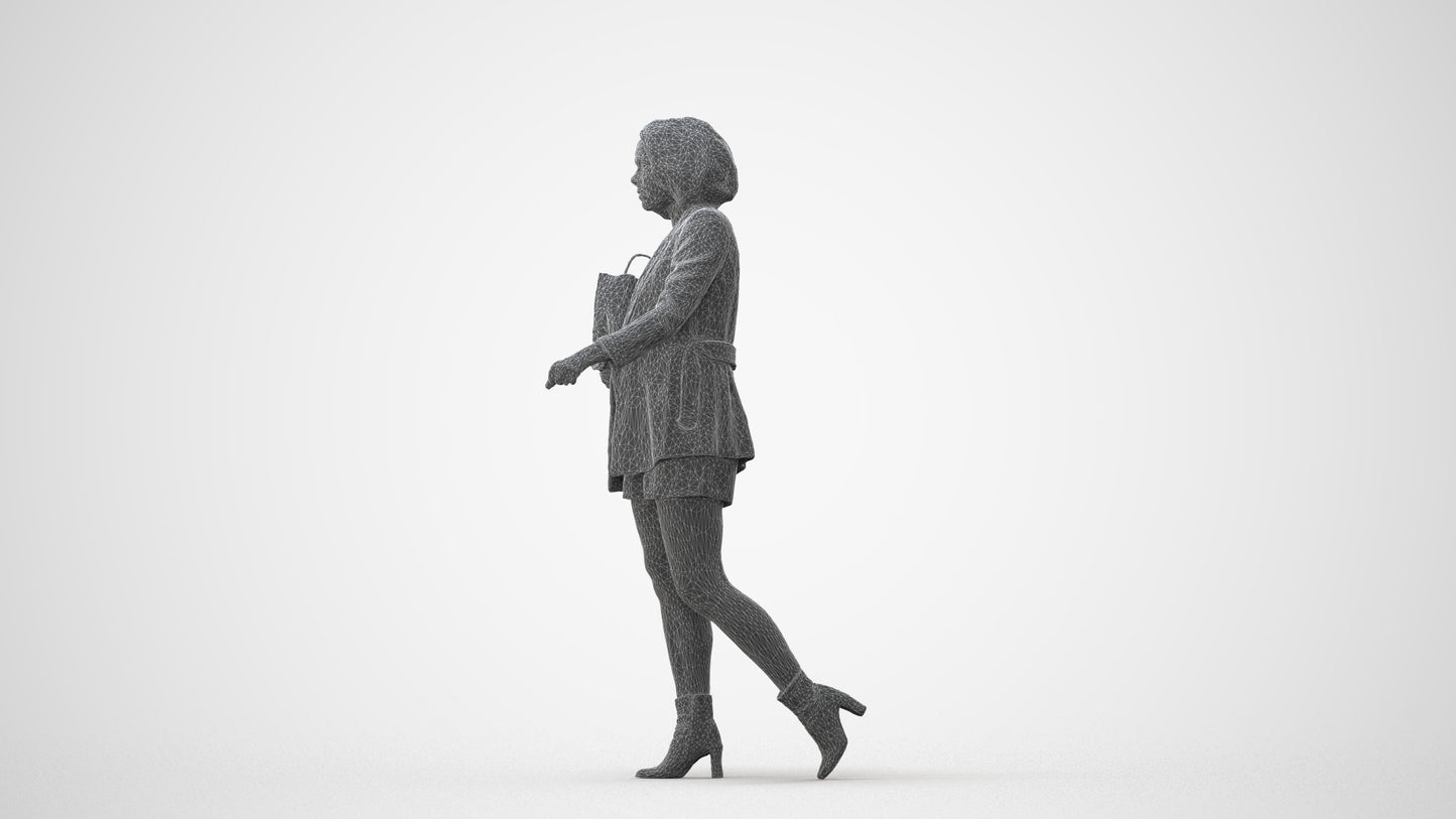 3D human model woman casual shopping, photogrammetry scanned person for archviz, square thumbnail