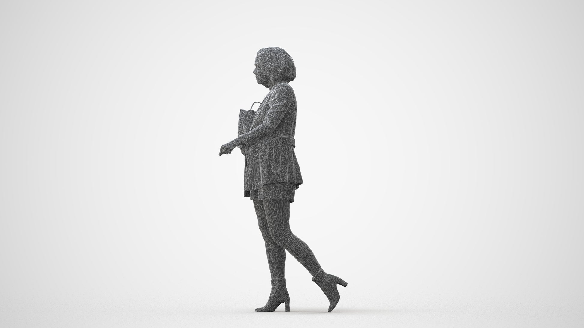 3D human model woman casual shopping, photogrammetry scanned person for archviz, square thumbnail