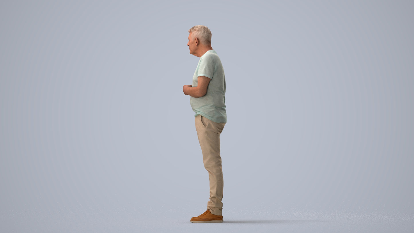 3D human model senior man casual standing, photogrammetry scanned person for archviz, three-quarter view render