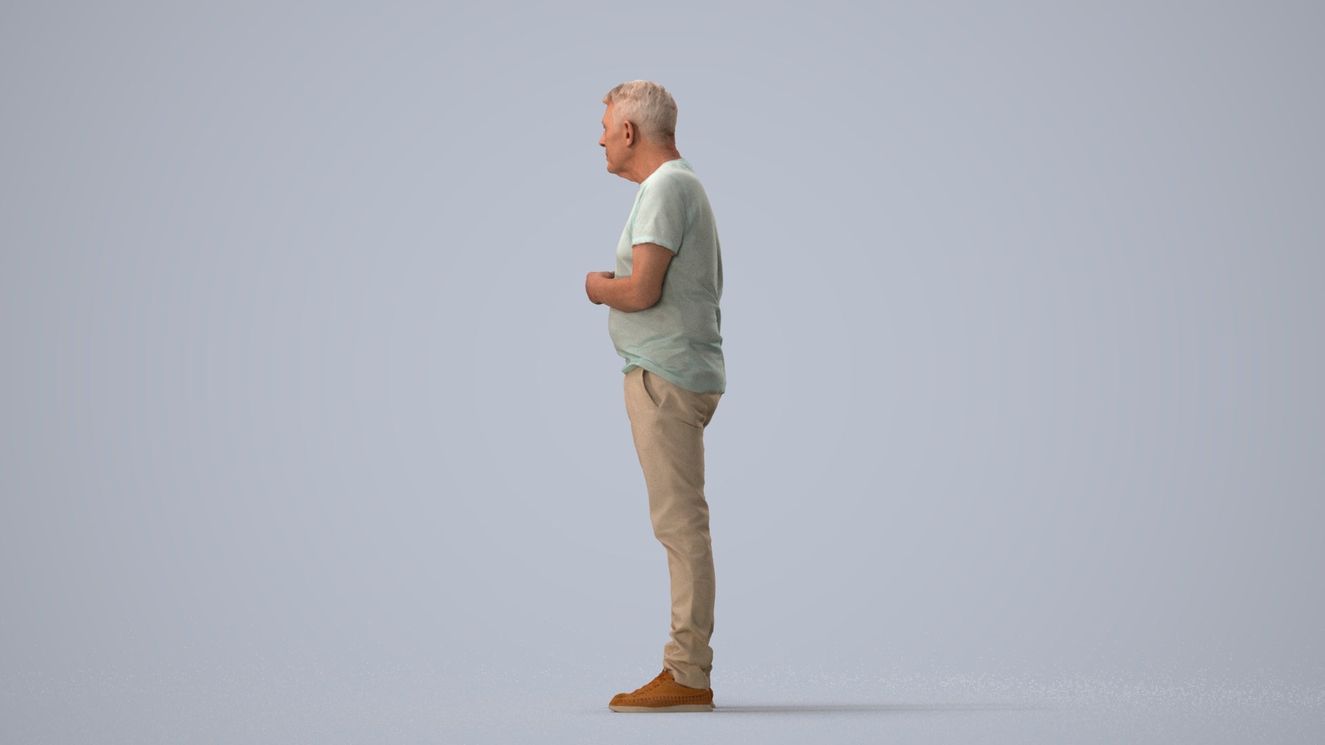 3D human model senior man casual standing, photogrammetry scanned person for archviz, three-quarter view render