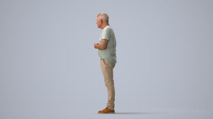 3D human model senior man casual standing, photogrammetry scanned person for archviz, three-quarter view render
