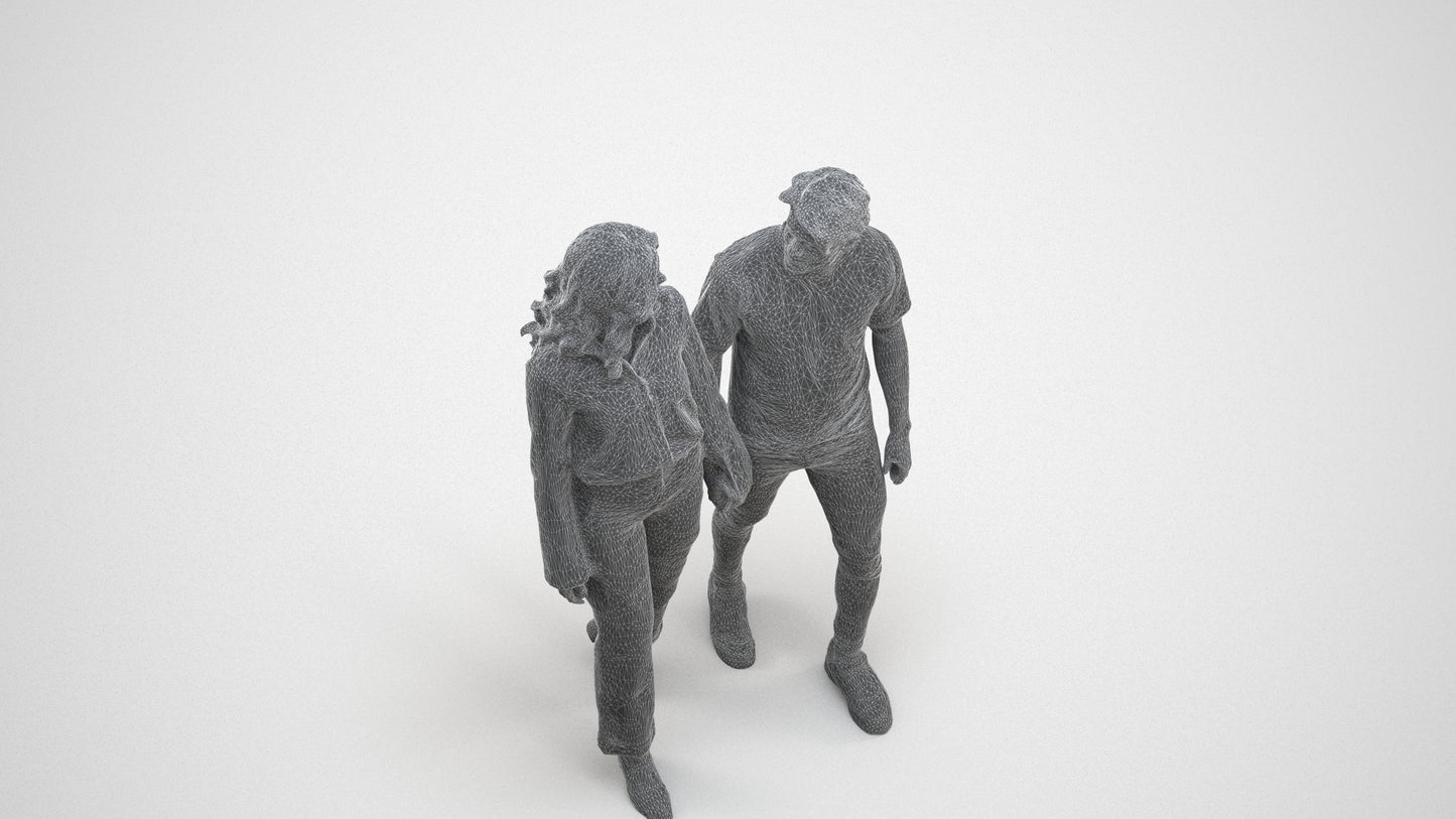 3D human model woman casual couple, photogrammetry scanned person for archviz, wireframe three-quarter view