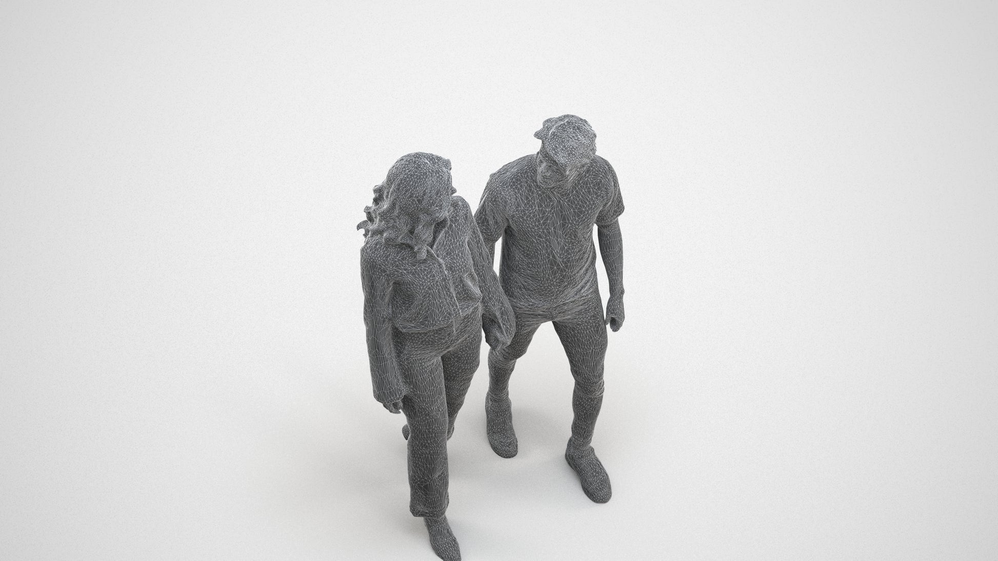 3D human model woman casual couple, photogrammetry scanned person for archviz, wireframe three-quarter view