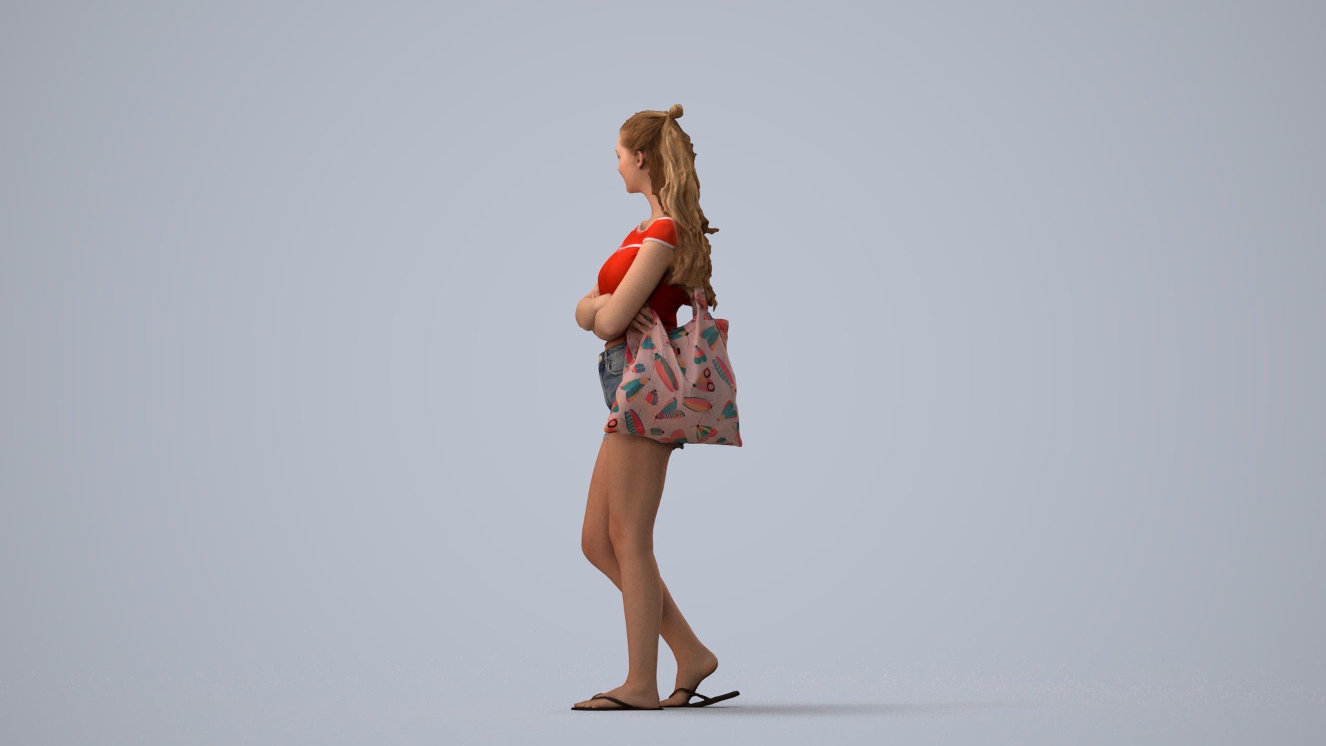 photogrammetry 3D girl casual standing, realistic human model archviz FBX, three-quarter view render