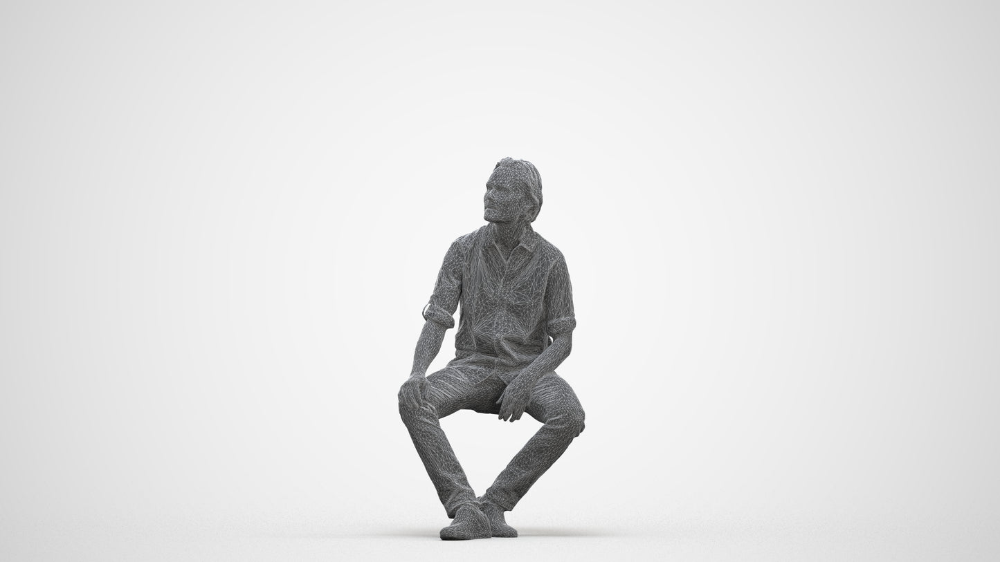 3D scanned man sitting casual, photorealistic archviz people for Enscape and SketchUp, three-quarter front view render