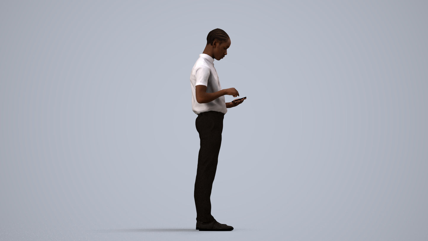 3D human model boy hospitality, photogrammetry scanned person for archviz, side view render