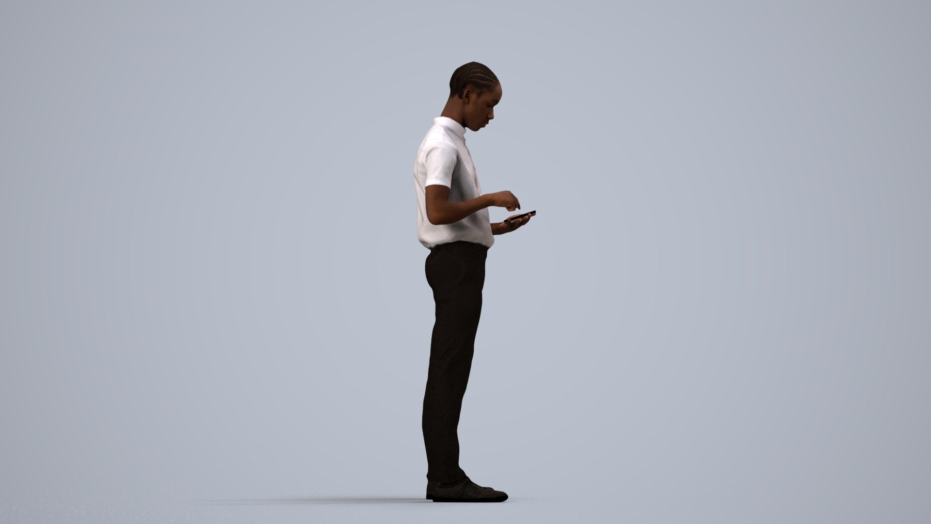 3D human model boy hospitality, photogrammetry scanned person for archviz, side view render