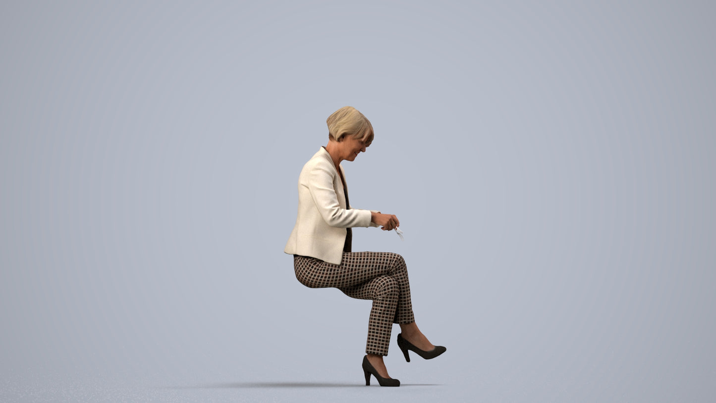 realistic 3D human senior woman business sitting, archviz people FBX OBJ for Blender, side view render
