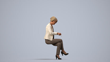 realistic 3D human senior woman business sitting, archviz people FBX OBJ for Blender, side view render