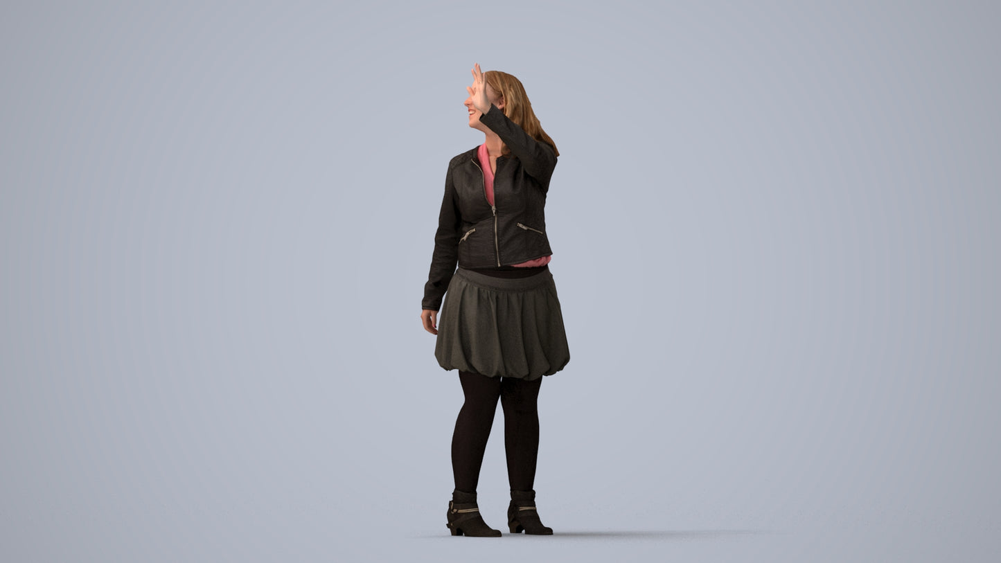3D human model woman casual standing, photogrammetry scanned person for archviz, three-quarter view render