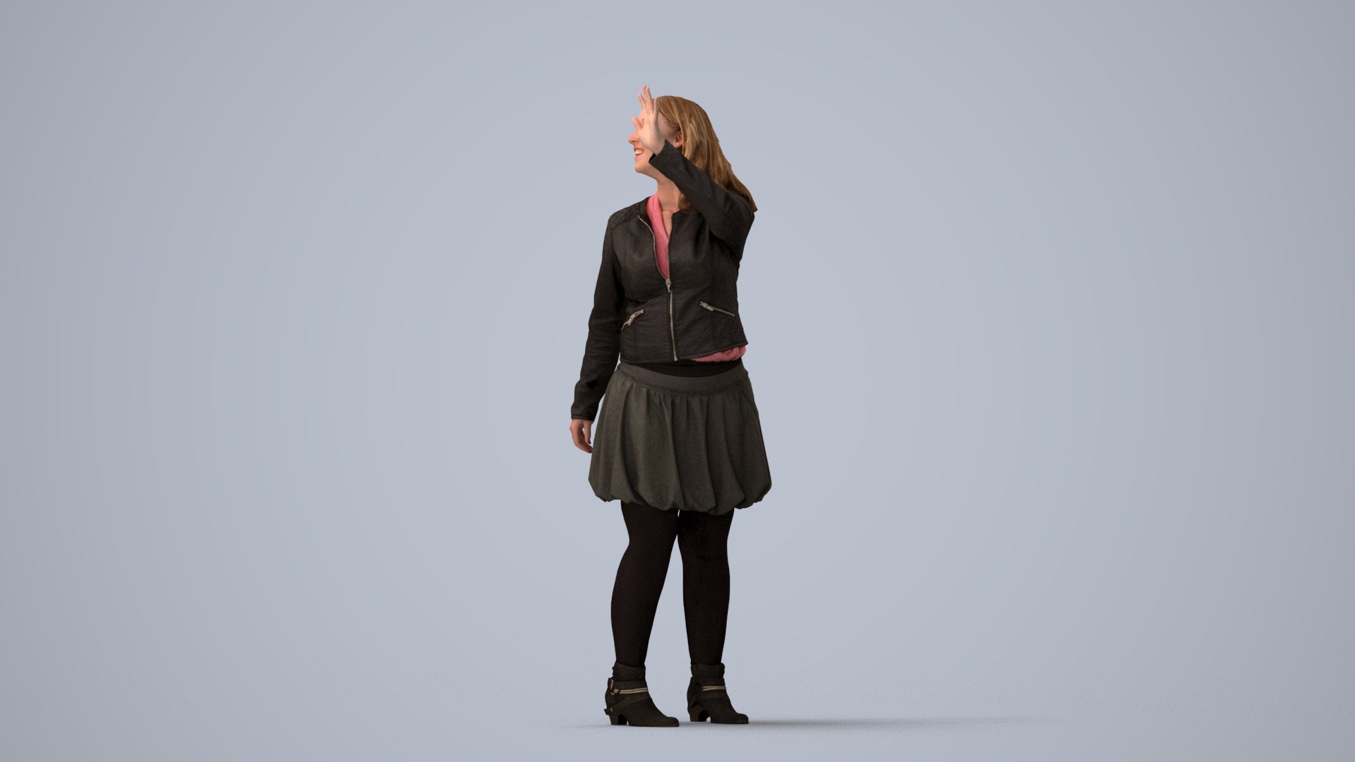 3D human model woman casual standing, photogrammetry scanned person for archviz, three-quarter view render