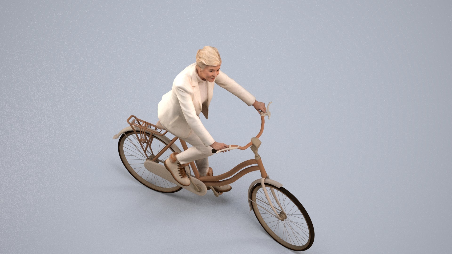 photogrammetry 3D senior woman business cycling, realistic human model archviz FBX, back view render