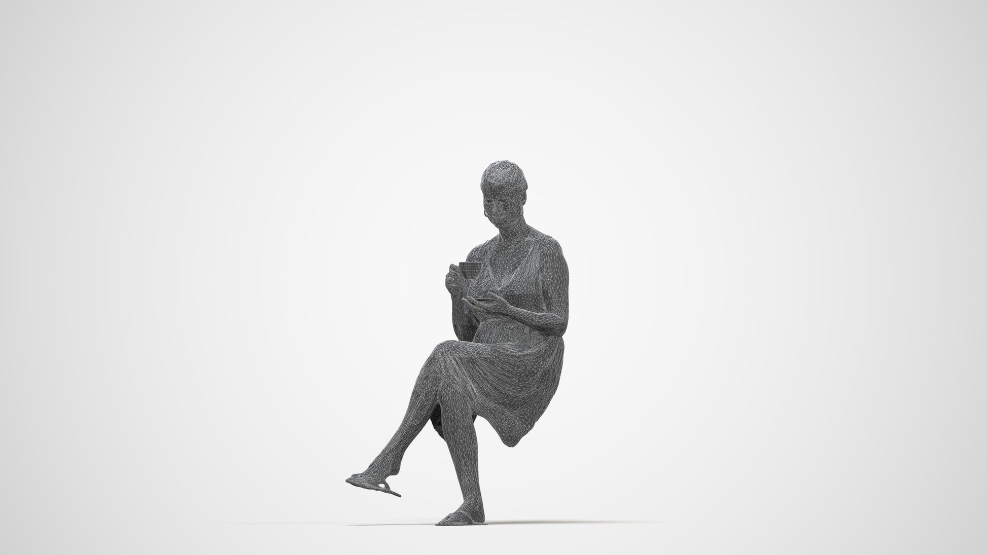 3D scanned woman sitting casual, photorealistic archviz people for Enscape and SketchUp, wireframe back view