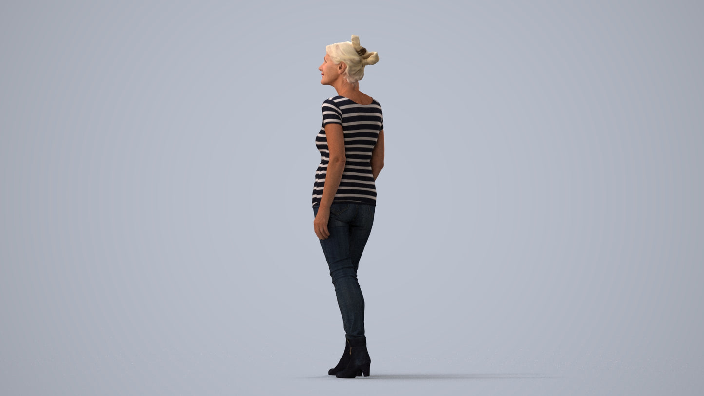realistic 3D human senior woman casual walking, archviz people FBX OBJ for Blender, three-quarter view render