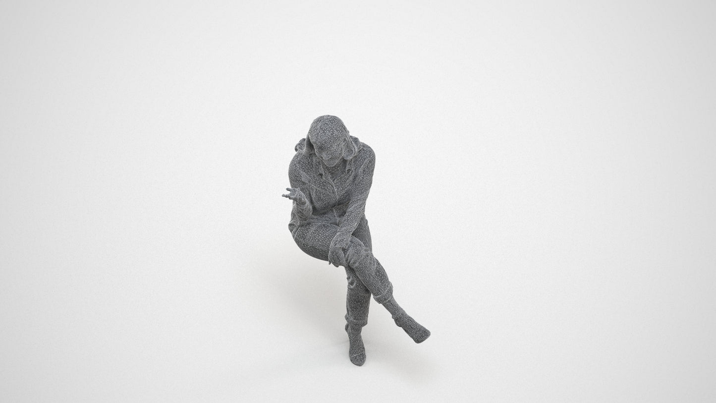 realistic 3D people woman casual sitting, render-ready for V-Ray and Corona, FBX OBJ, wireframe three-quarter view