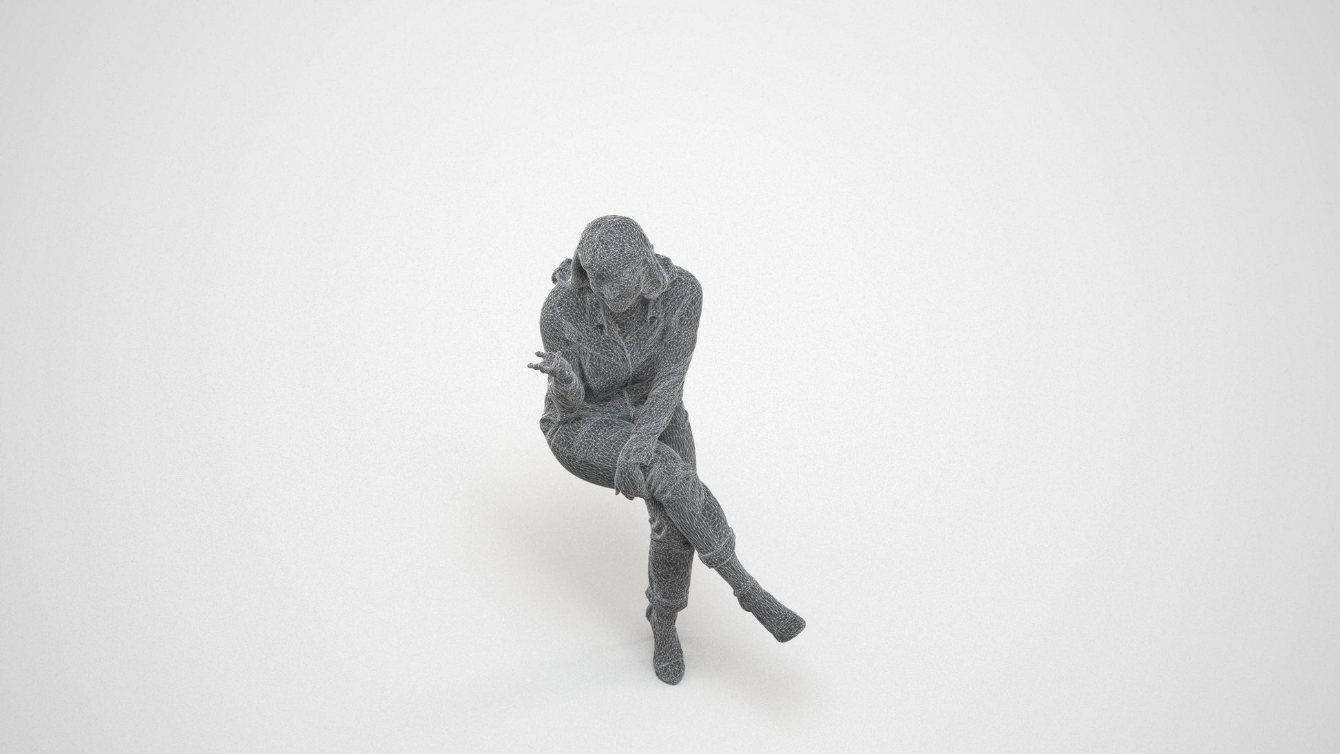 realistic 3D people woman casual sitting, render-ready for V-Ray and Corona, FBX OBJ, wireframe three-quarter view