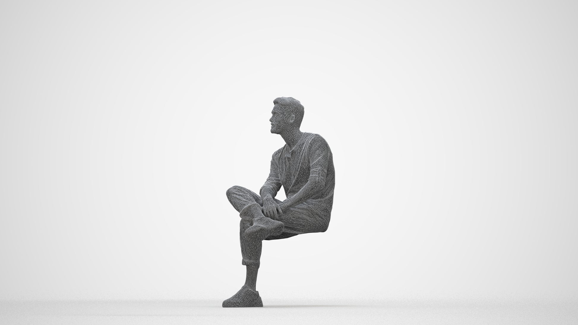 3D people model man casual sitting, scanned human for 3ds Max rendering, wireframe back view