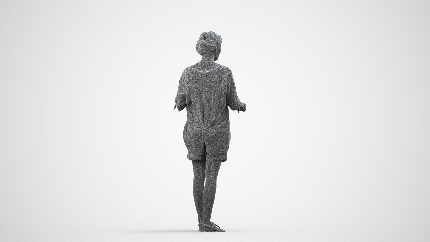 realistic 3D woman casual standing, scanned archviz people for Blender and 3ds Max, wireframe side view
