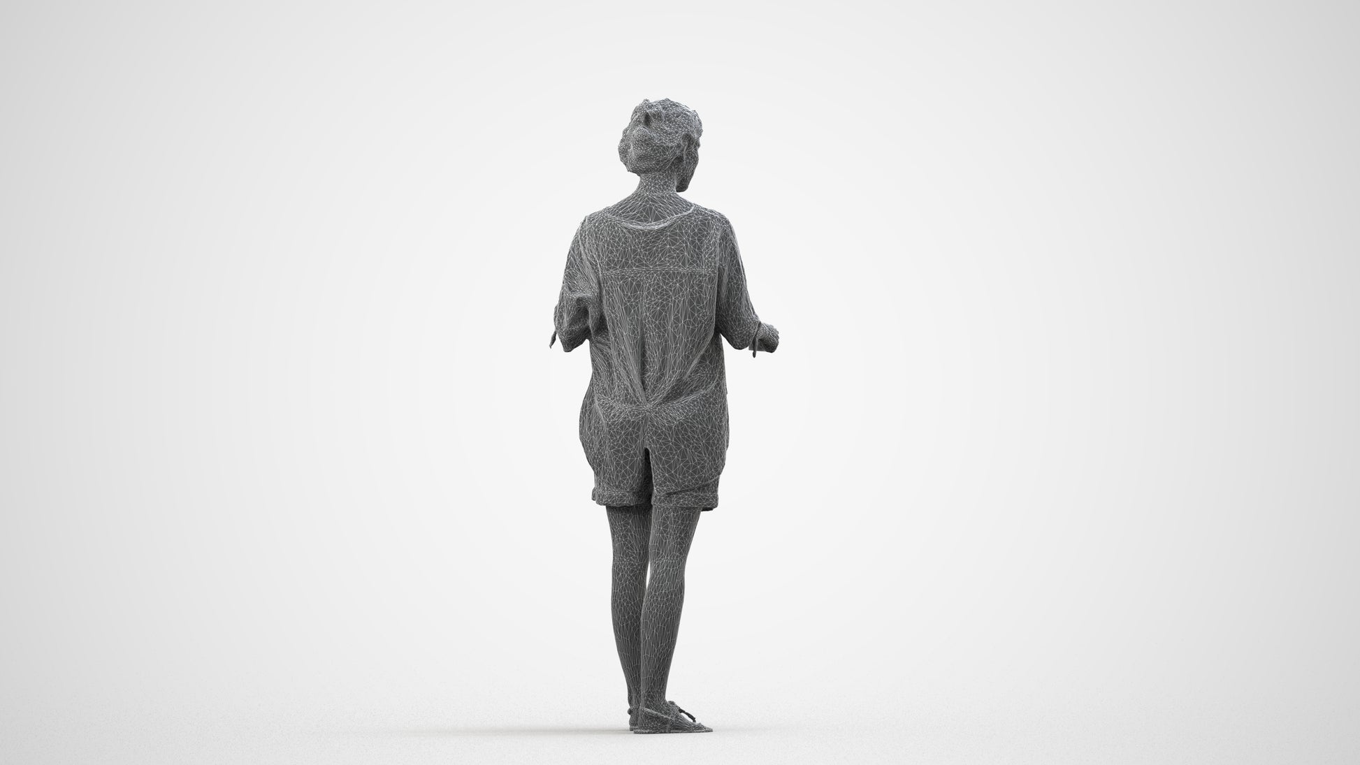 realistic 3D woman casual standing, scanned archviz people for Blender and 3ds Max, wireframe side view