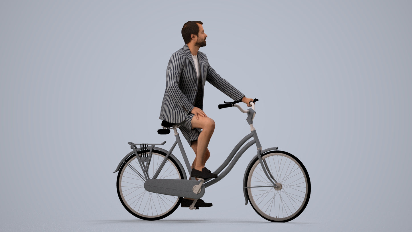 3D scanned man cycling business, photorealistic archviz people for Enscape and SketchUp, side view render